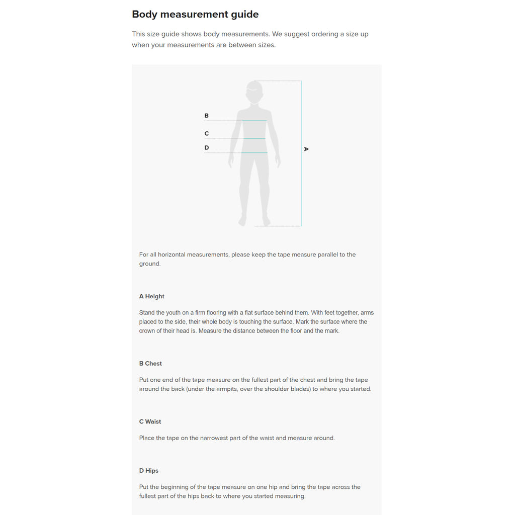 Youth body measurement guide for Too Much KANJI Crew Neck T-Shirt.