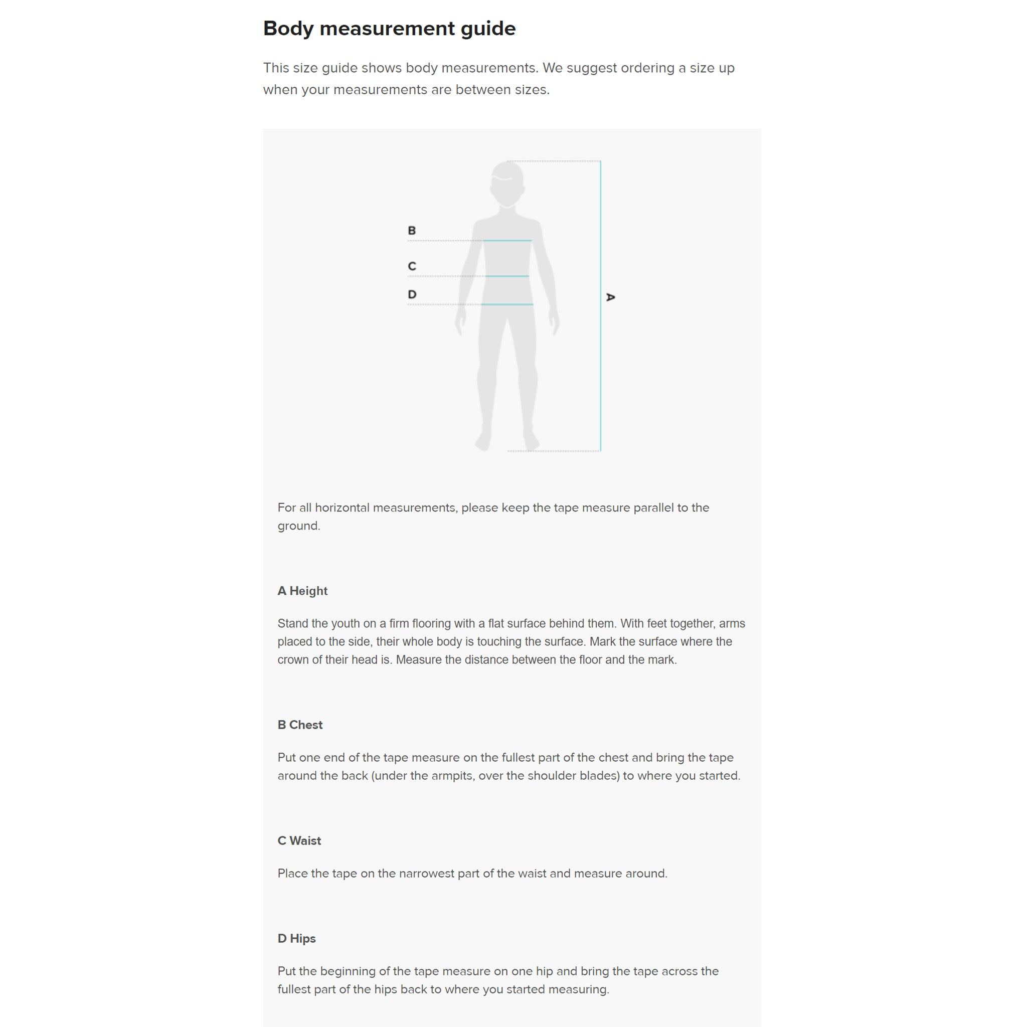 Youth body measurement guide for Too Much KANJI Crew Neck T-Shirt.