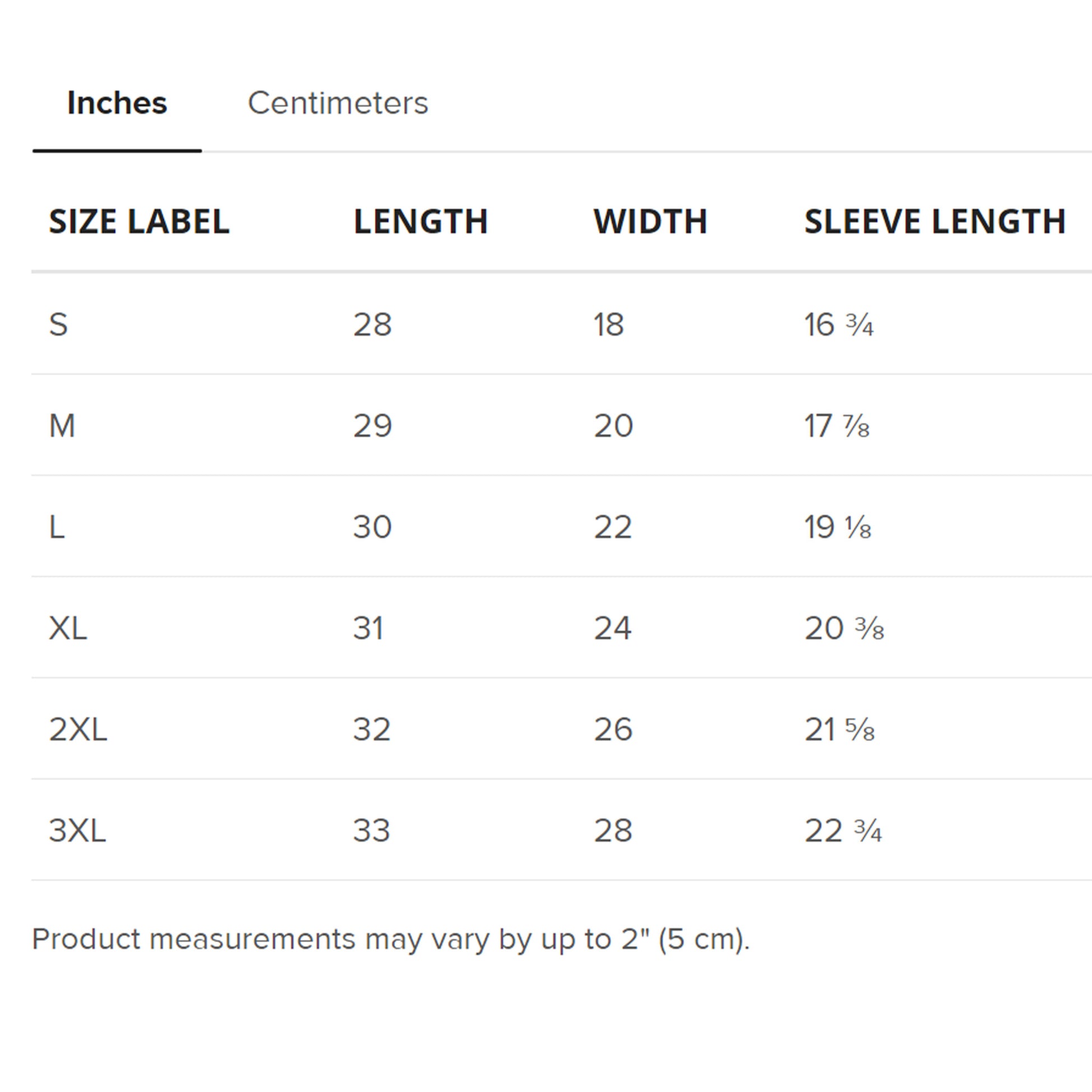 INches of product measurement for unisex SPARS Logomark Basic T-shirt