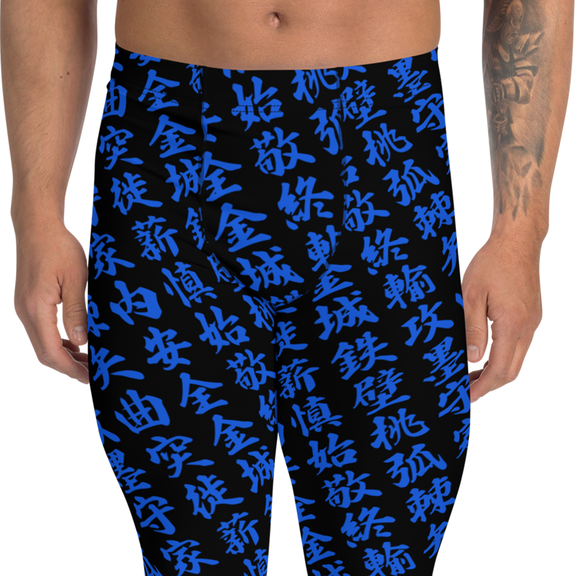 Men's black/blue leggings with all-over print in Japanese KANJI - Front Placement
