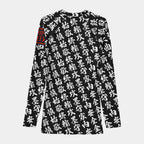 Back of the men's TOO MUCH KANJI long-sleeve BJJ rash guard in Iron Black and White, with the all-over white kanji print