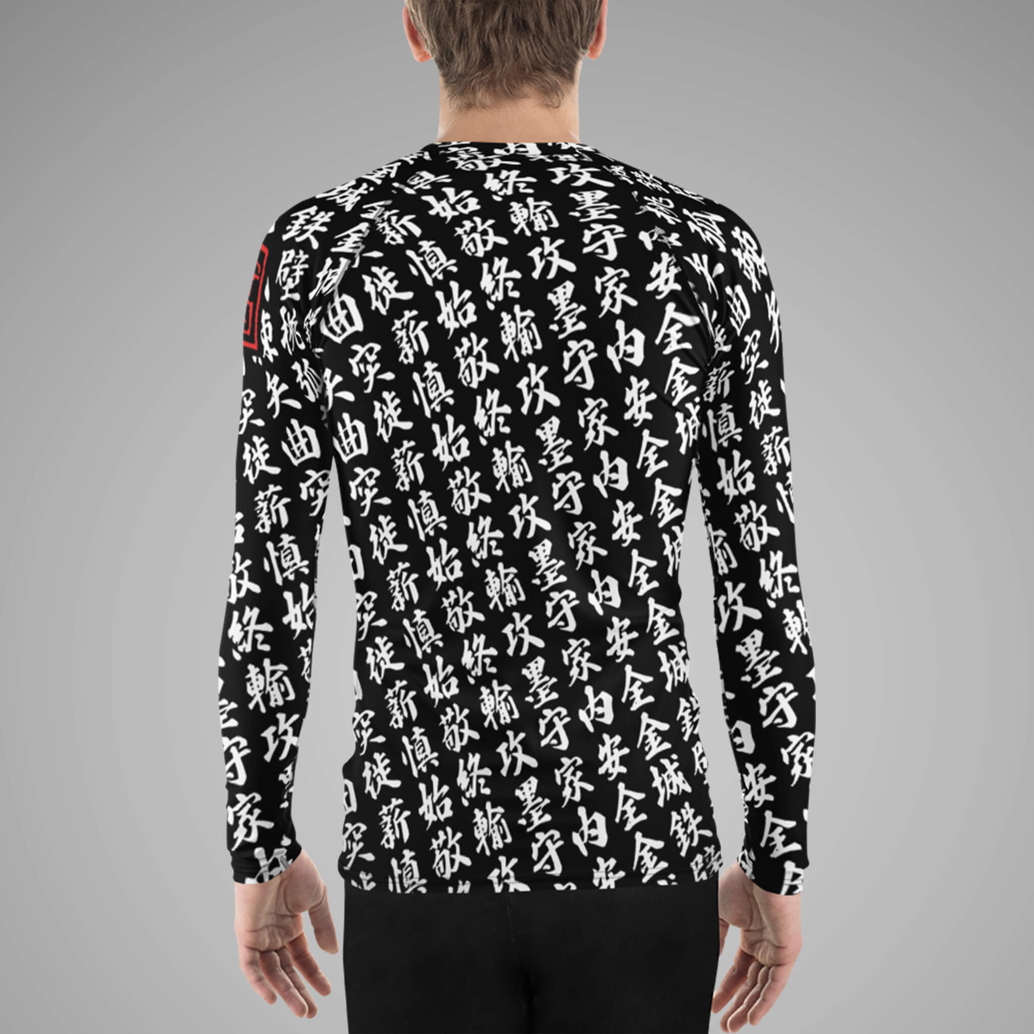 Men's BJJ Long Sleeve Rash Guard TOO MUCH KANJI Black/White Back view 2