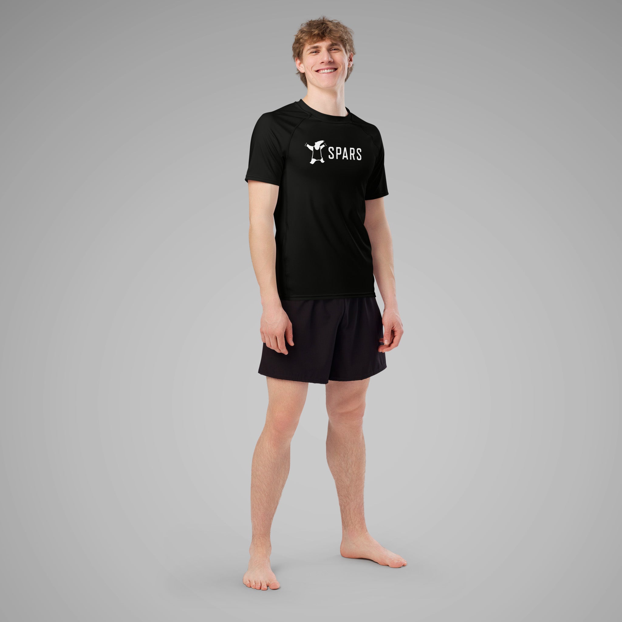 Men's BJJ Short Sleeve Rash Guard SPARS Logo Black Front View_3