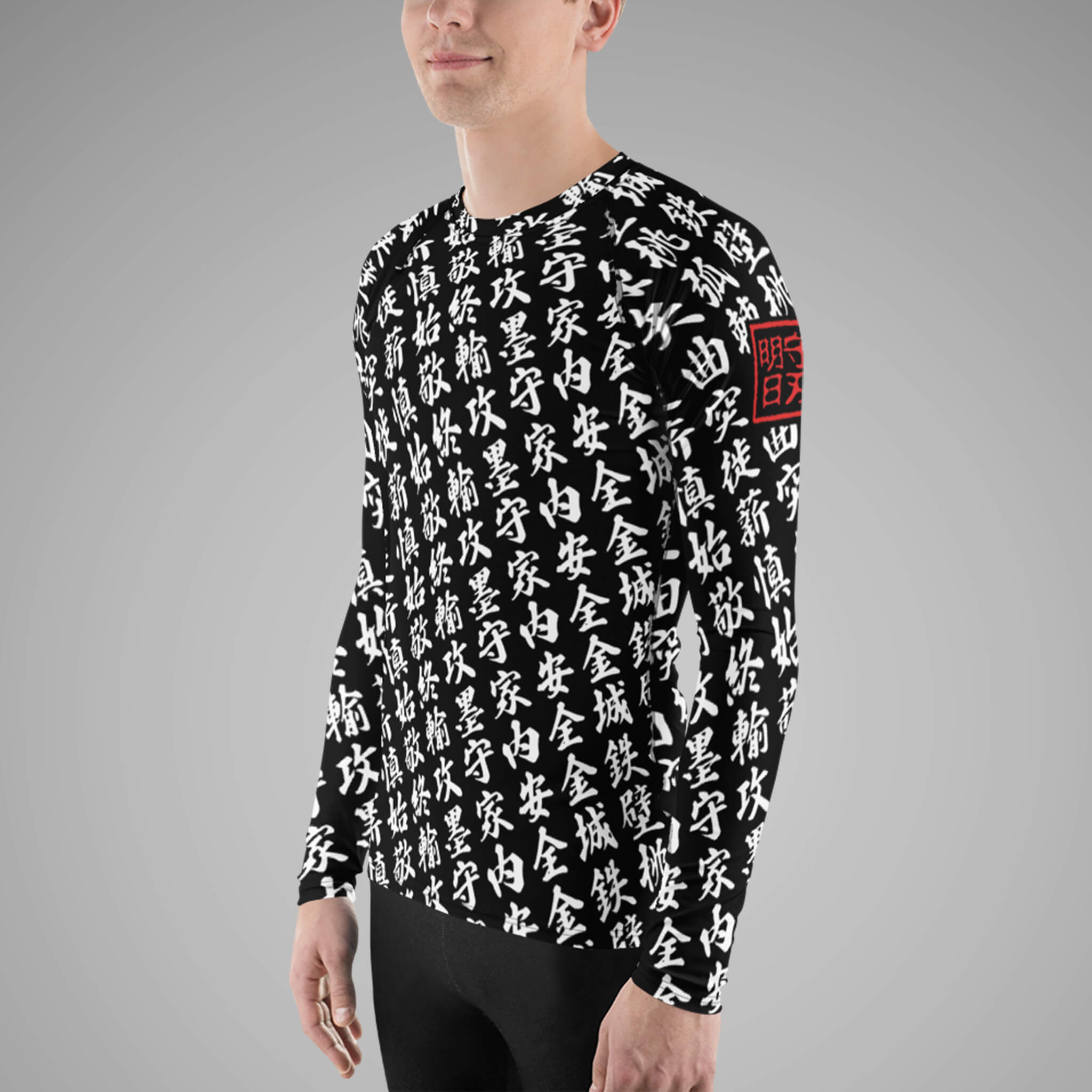 Men's BJJ Long Sleeve Rash Guard TOO MUCH KANJI Black/White Left View 2