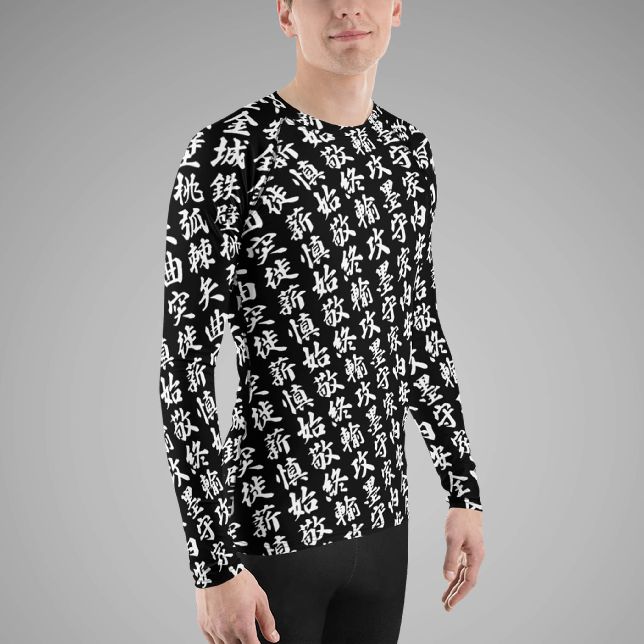 Men's BJJ Long Sleeve Rash Guard TOO MUCH KANJI Black/White Right View 2
