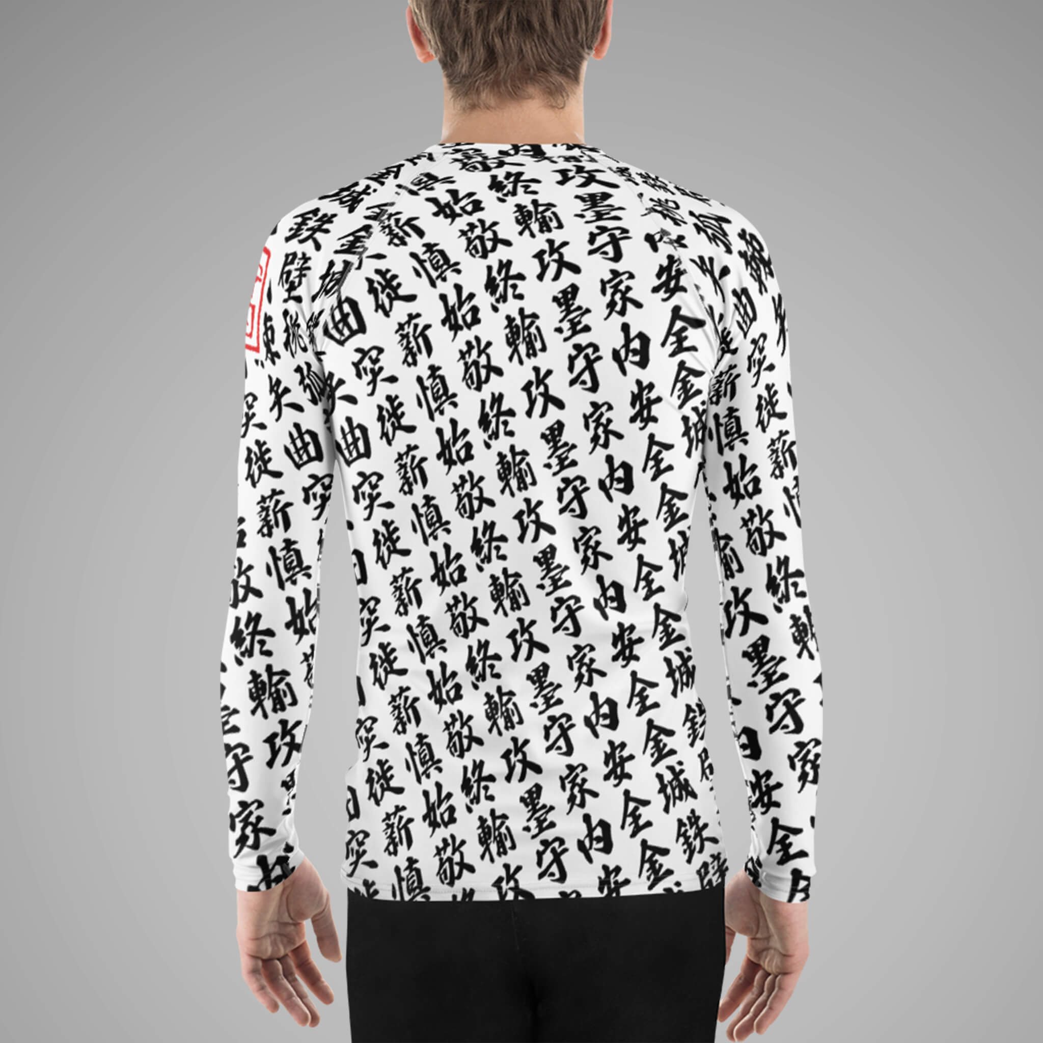 Men's BJJ Long Sleeve Rash Guard TOO MUCH KANJI White/Black Back view 2
