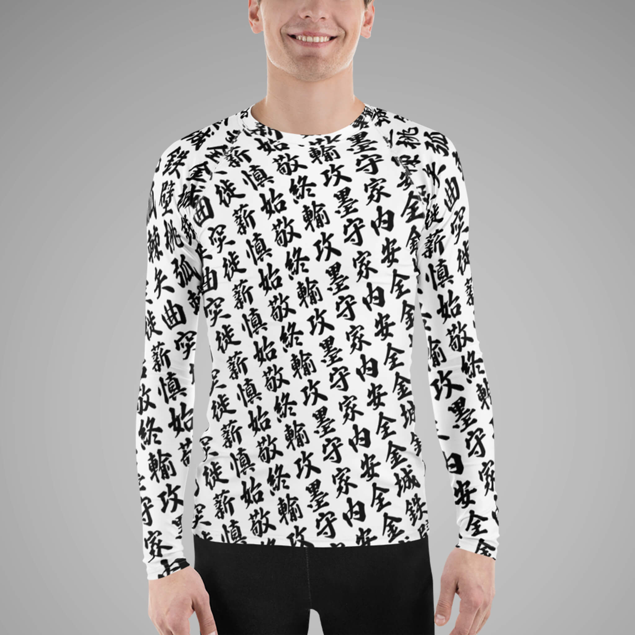 Men's BJJ Long Sleeve Rash Guard TOO MUCH KANJI White/Black Front view 2