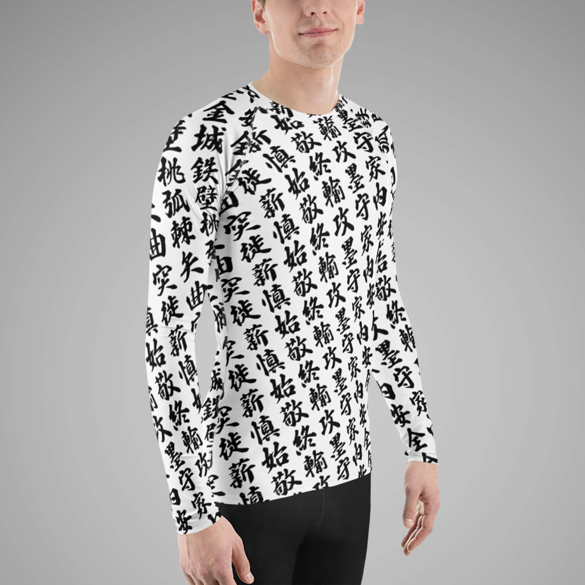 Men's BJJ Long Sleeve Rash Guard TOO MUCH KANJI White/Black Right View 2