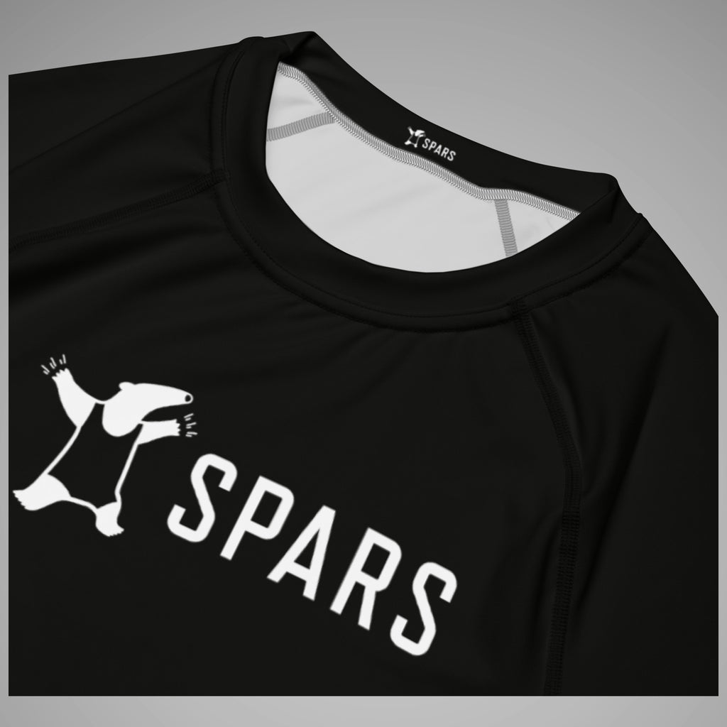 Men's BJJ Short Sleeve Rash Guard SPARS Logo Black Close-Up View 1