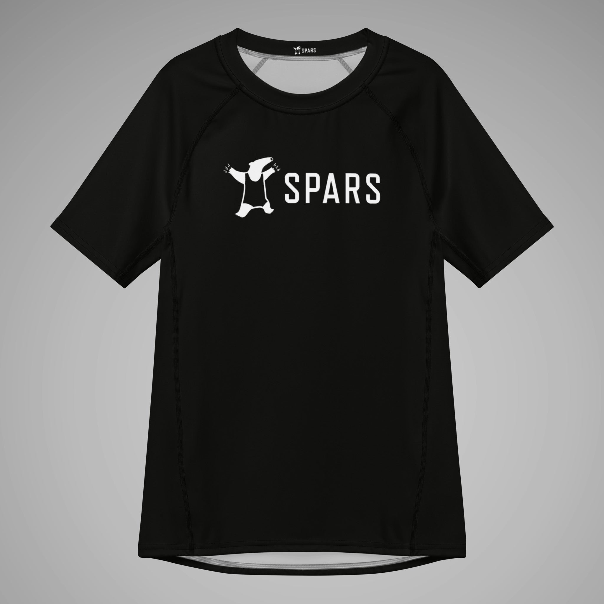 Men's BJJ Short Sleeve Rash Guard SPARS Logo Black Front View 1