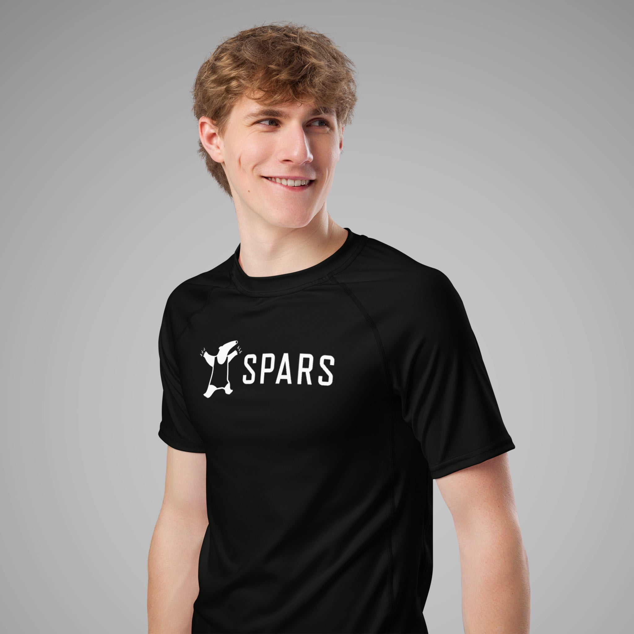 Men's BJJ Short Sleeve Rash Guard SPARS Logo Black Left Front View_1a