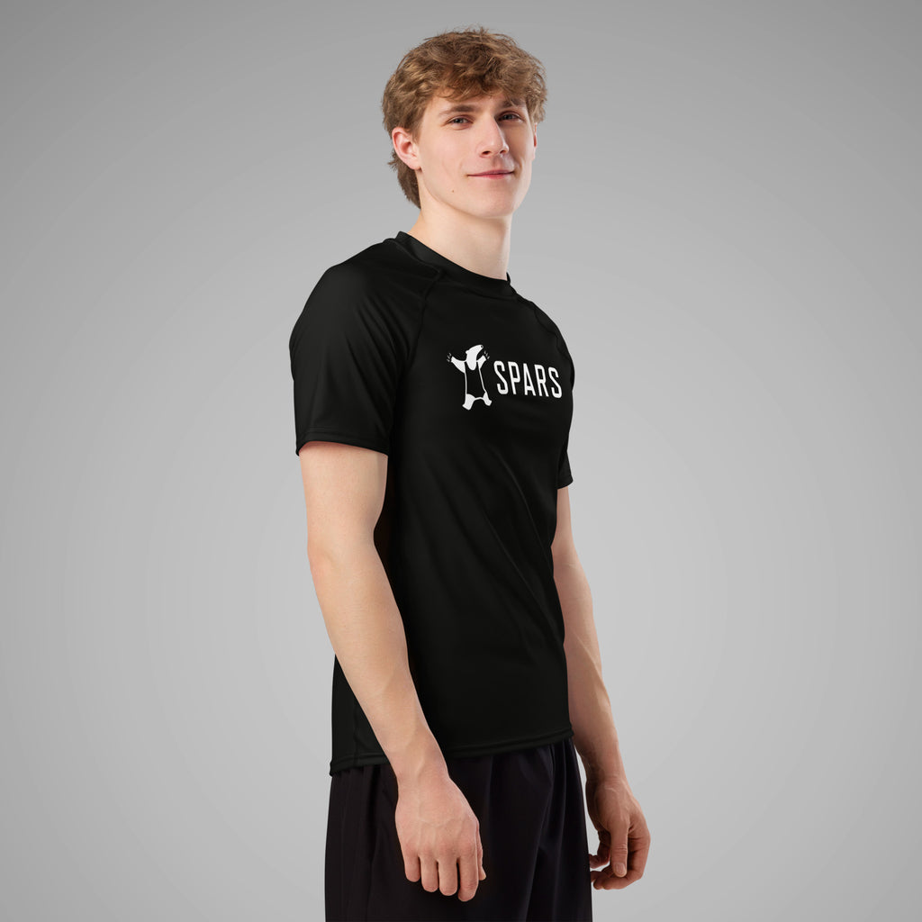 Men's BJJ Short Sleeve Rash Guard SPARS Logo Black Right Front View_1a