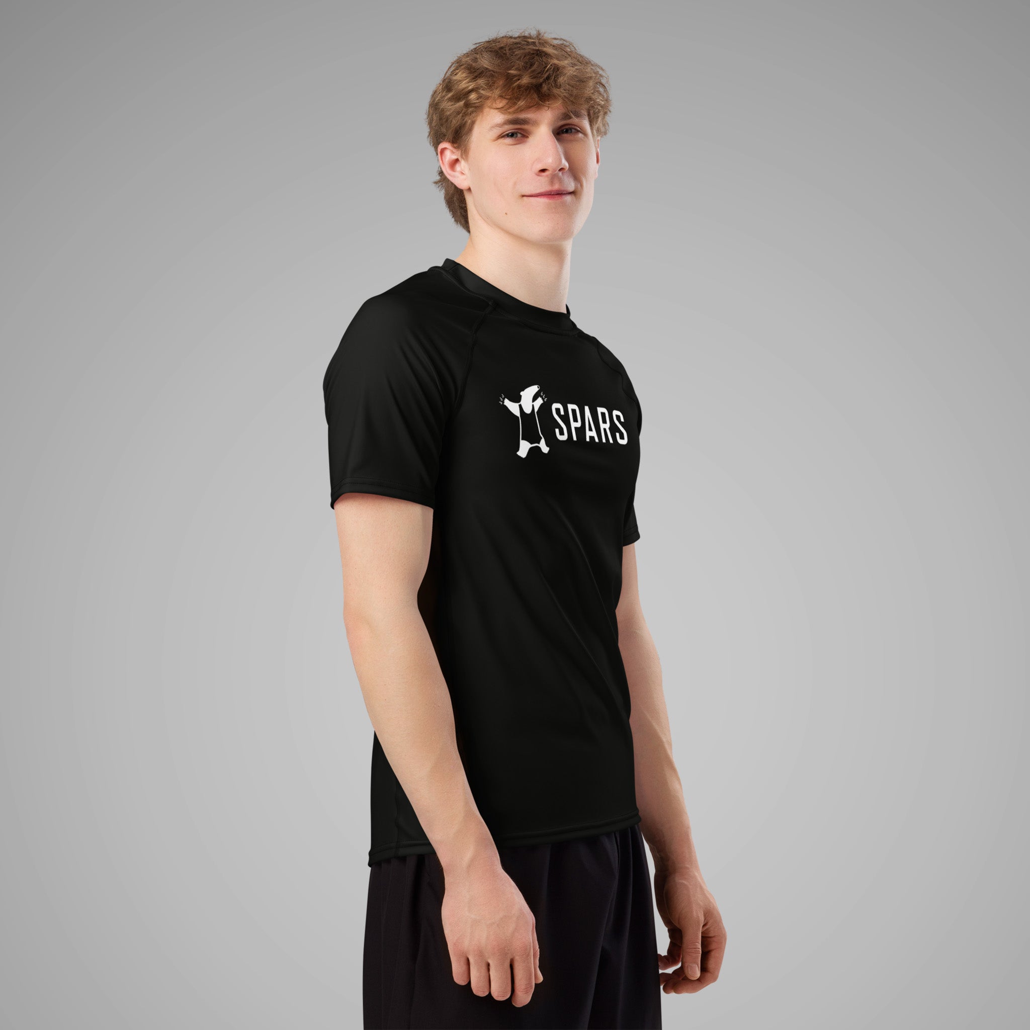 Men's BJJ Short Sleeve Rash Guard SPARS Logo Black Right Front View_1a