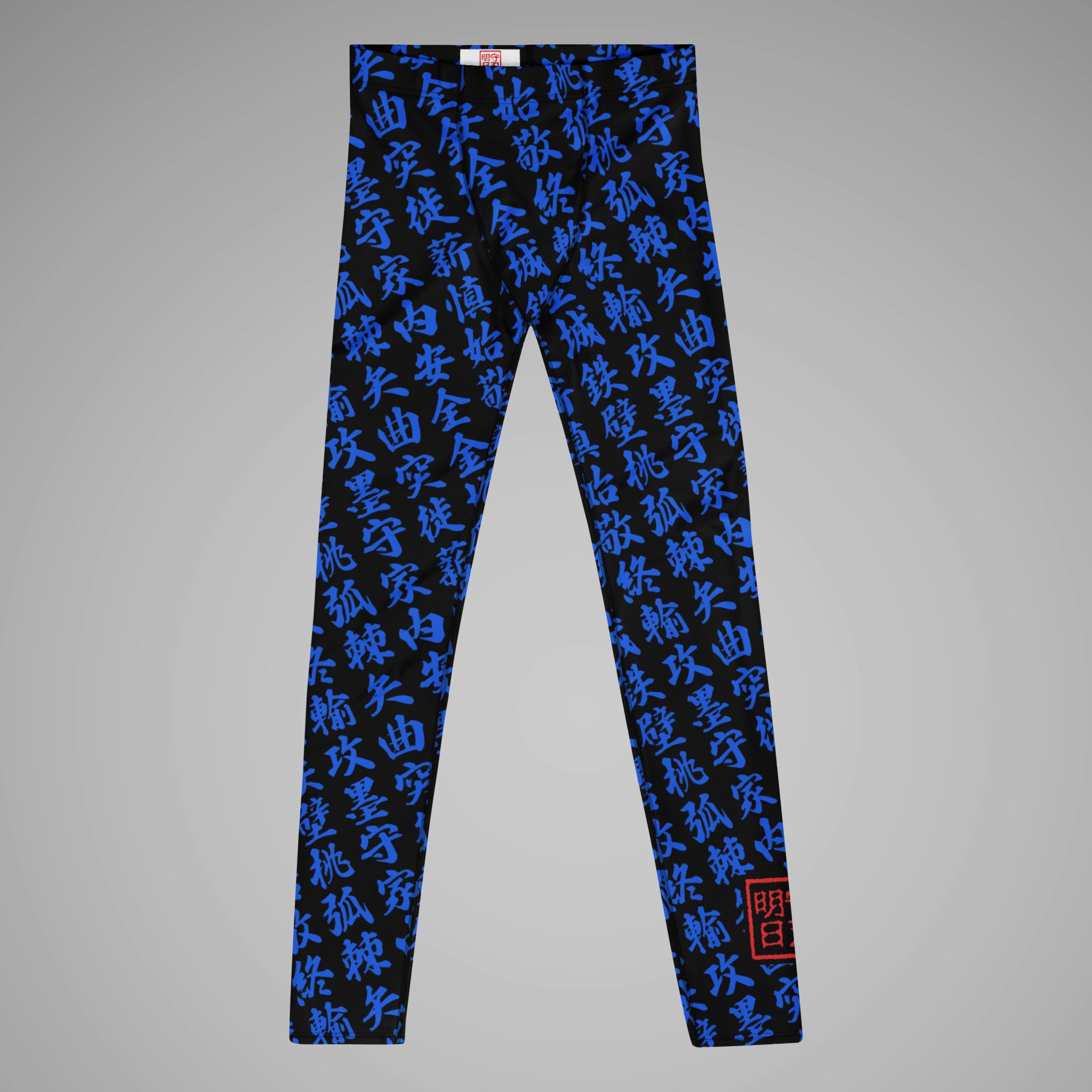 Men's BJJ Spats TOO MUCH KANJI Black/Blue Front View 1