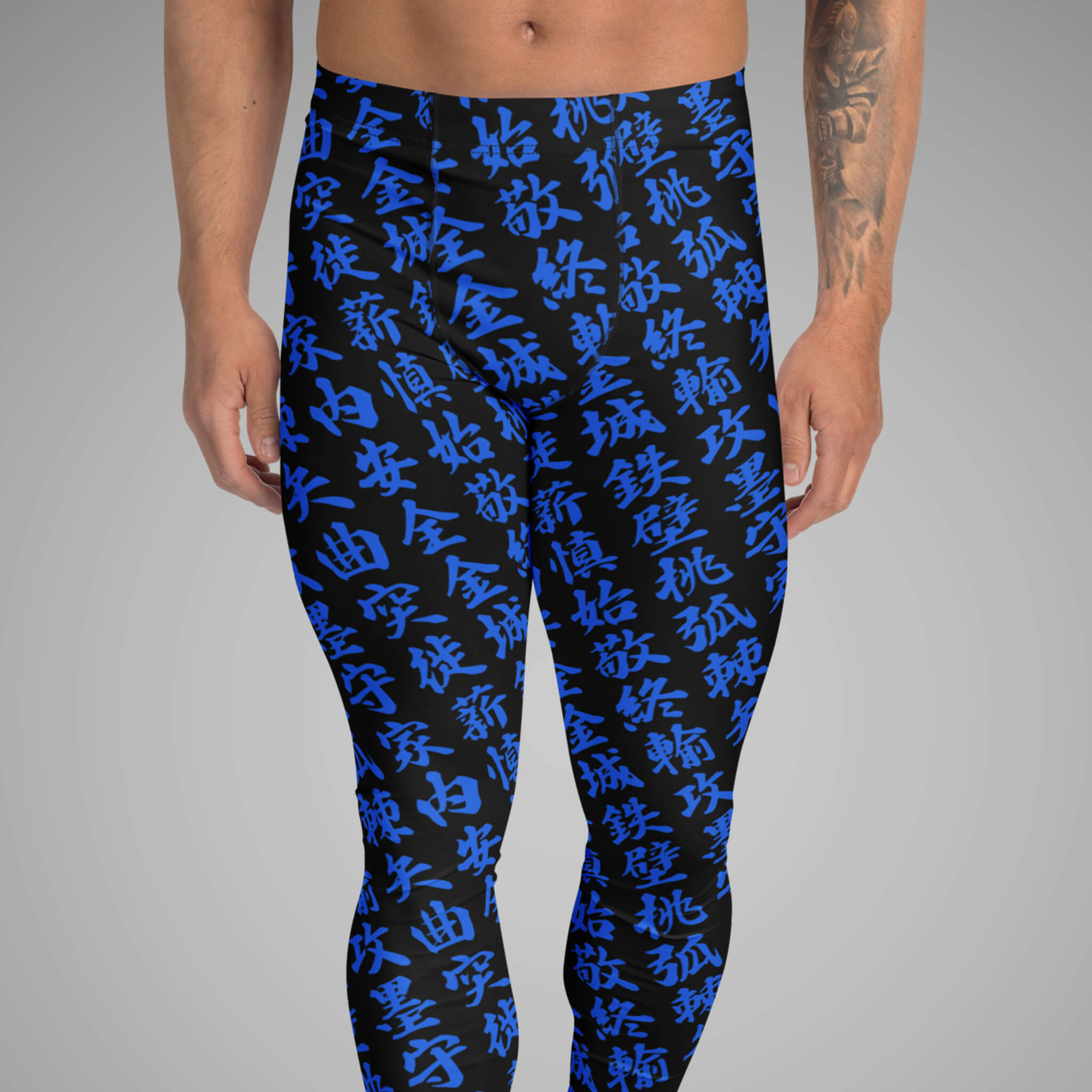 Men's BJJ Spats TOO MUCH KANJI Black/Blue Front View 2