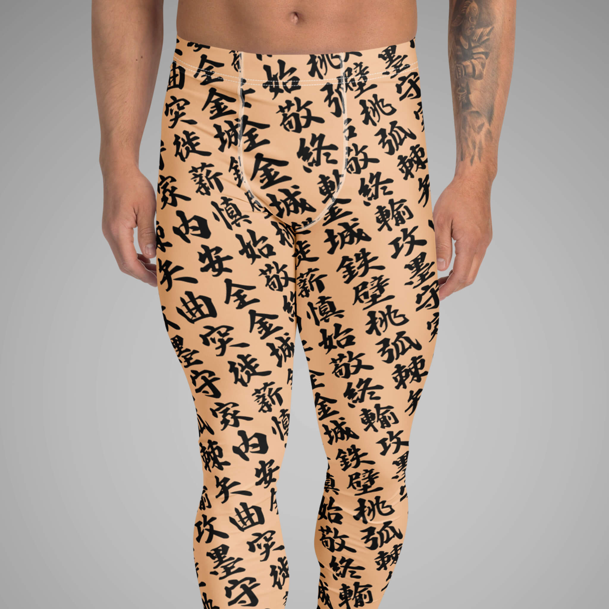 Men's BJJ Spats TOO MUCH KANJI Peach Orange/Black Front View 2