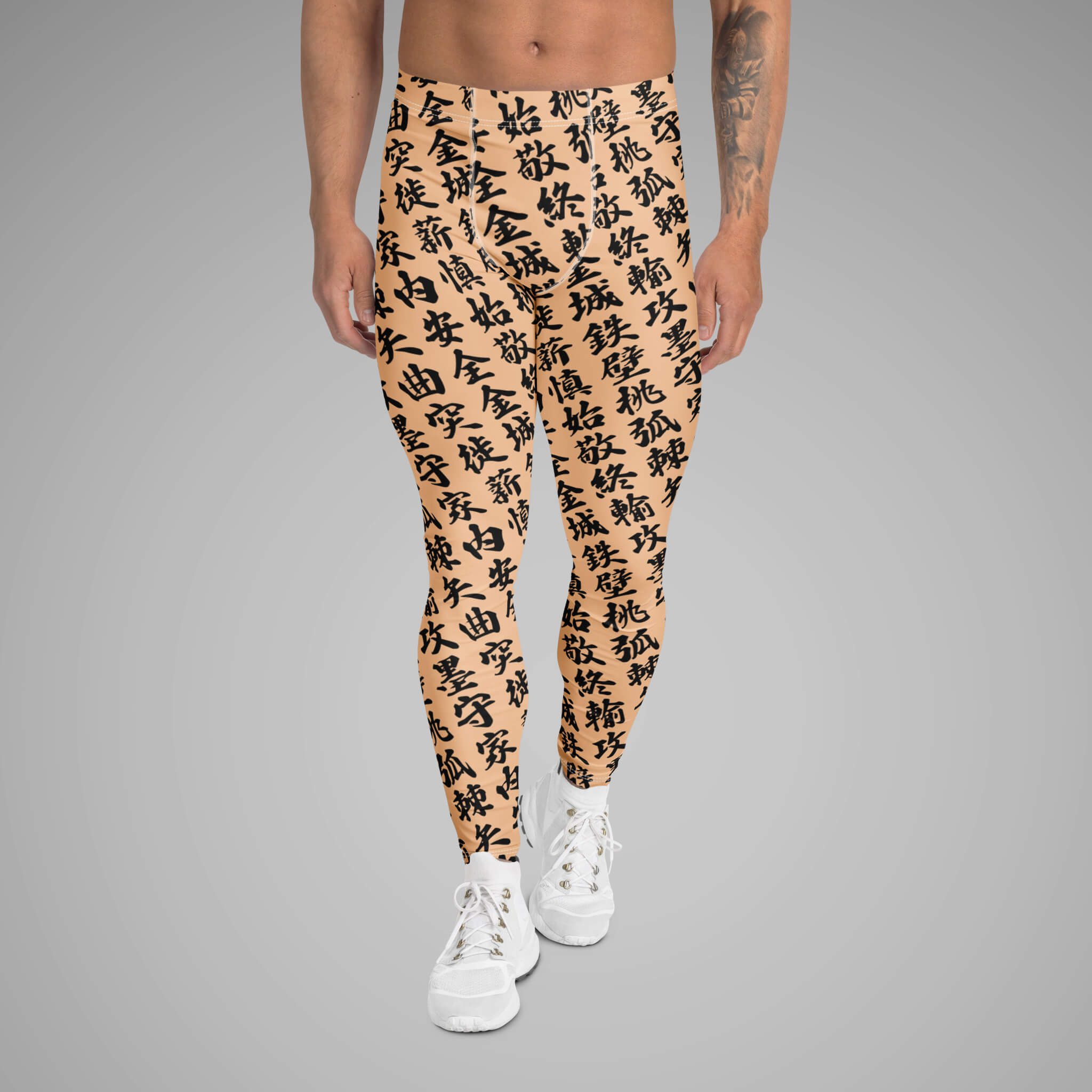 Men's BJJ Spats TOO MUCH KANJI Peach Orange/Black Front View 3