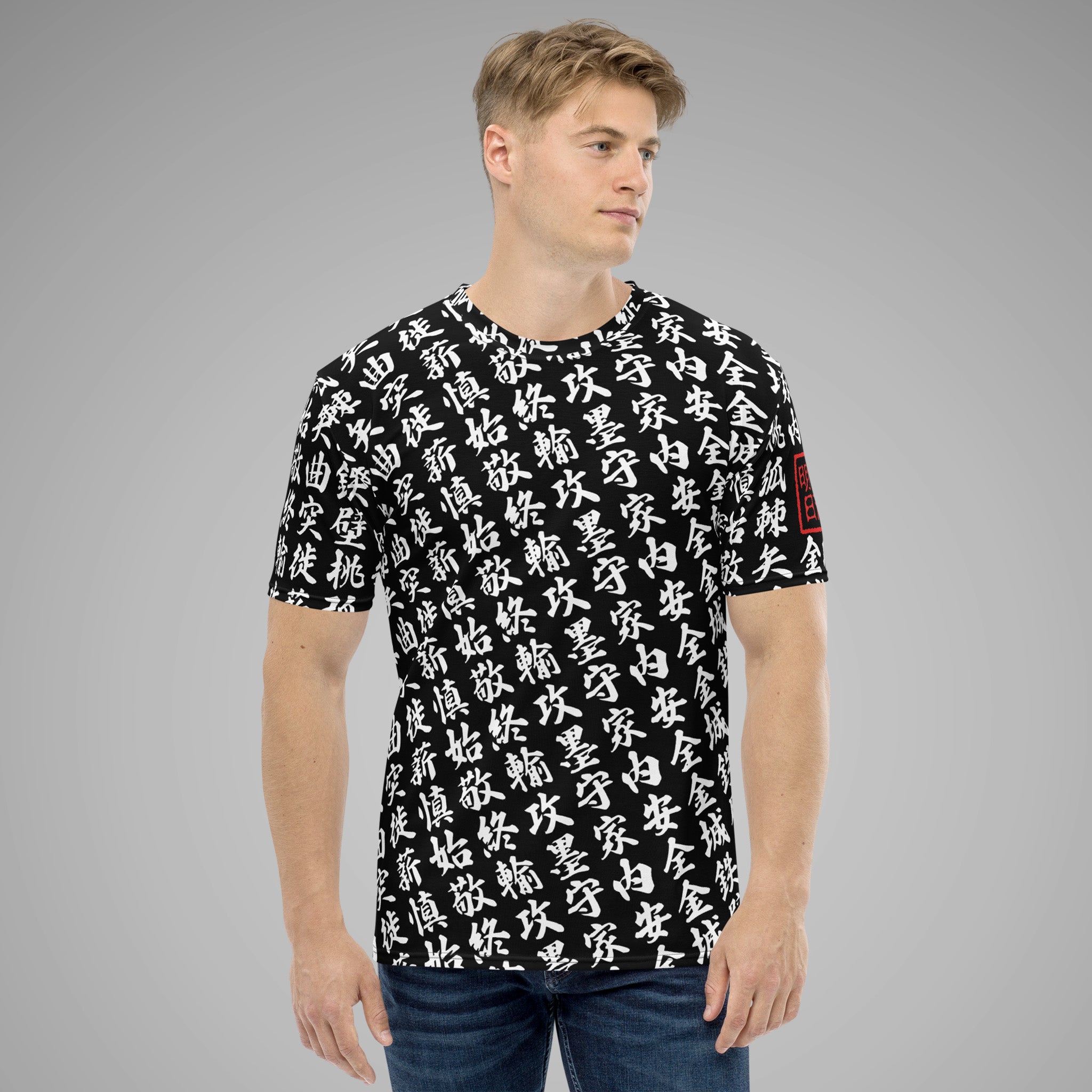 Men's Crew Neck Tee TOO MUCH KANJI Black/White Front View 2