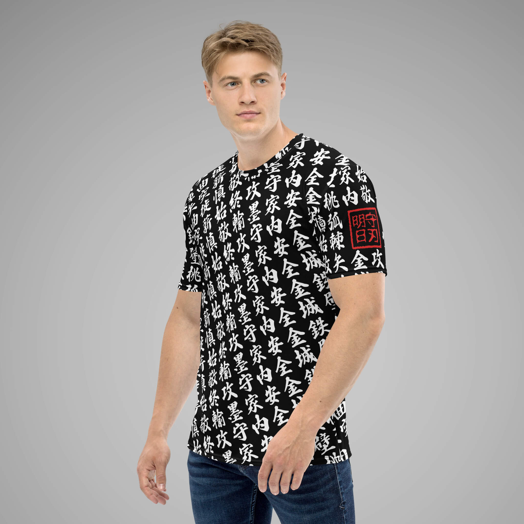 Men's Crew Neck Tee TOO MUCH KANJI Black/White Left View 1