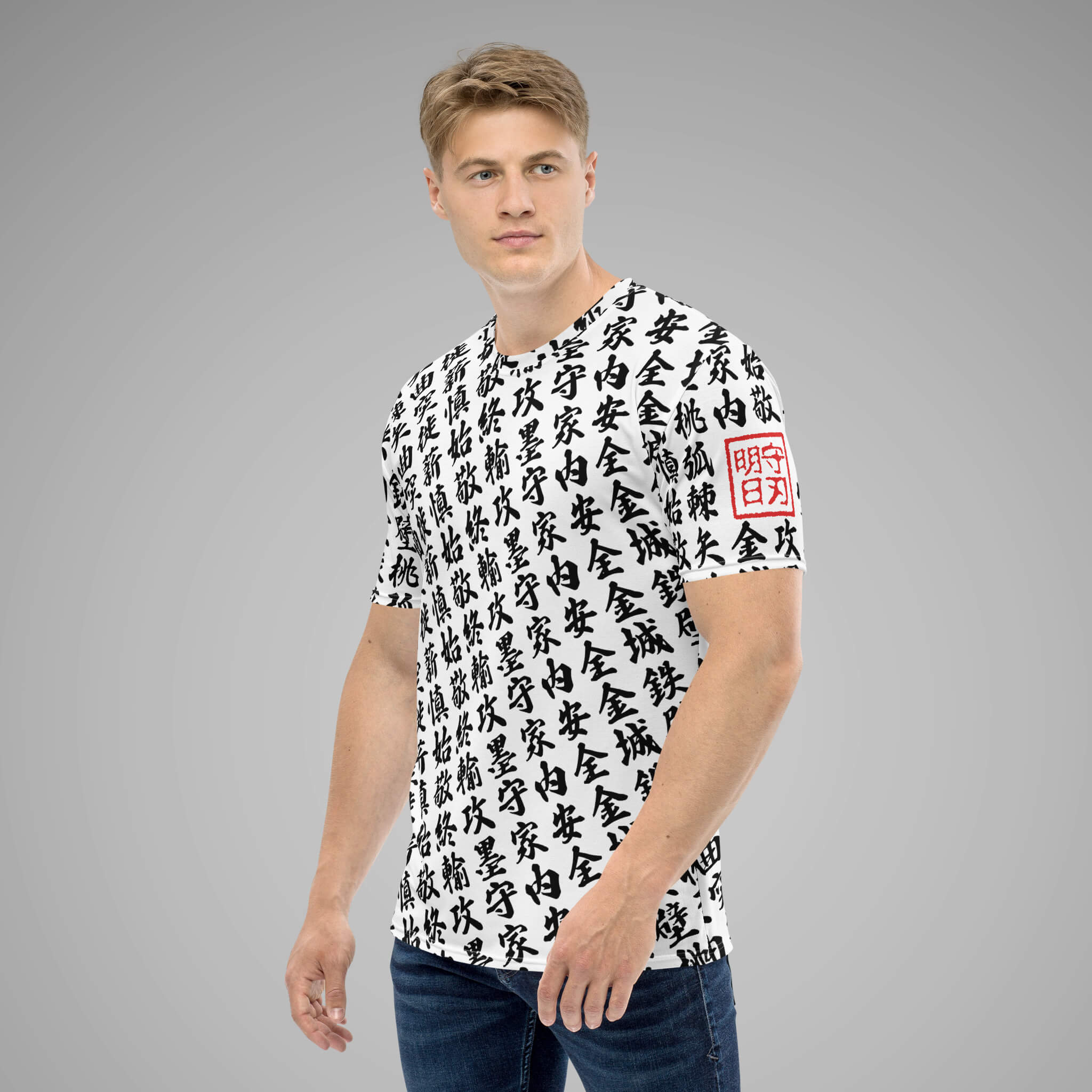 Men's Crew Neck Tee TOO MUCH KANJI White/Black Left View 1