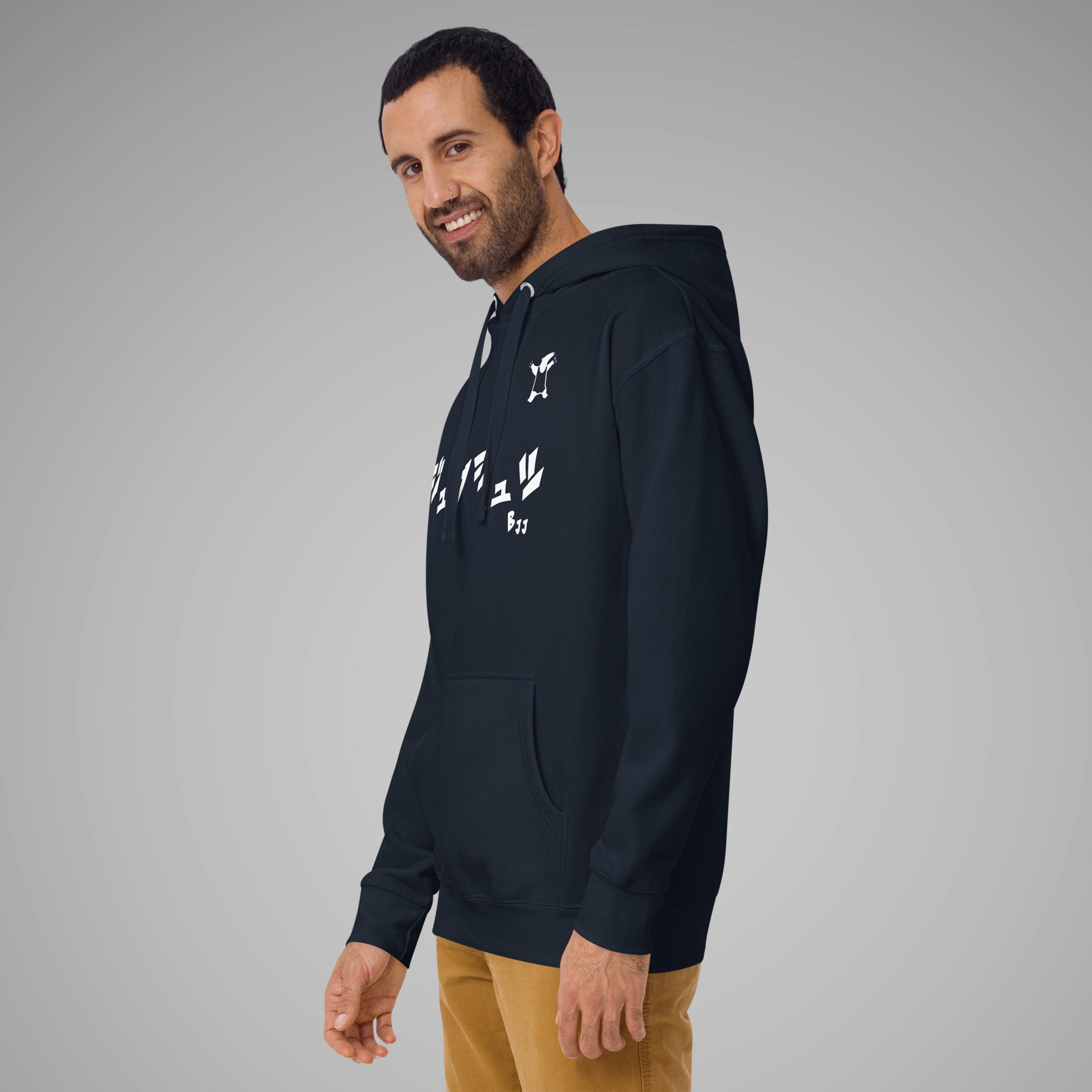 Men's Premium Pullover Hoodie BJJ KATAKANA Navy Blazer left front view 1