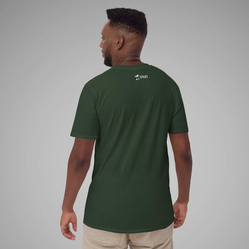 Male model wearing the Men’s BJJ KATAKANA Daily Tee in Forest Green, back view