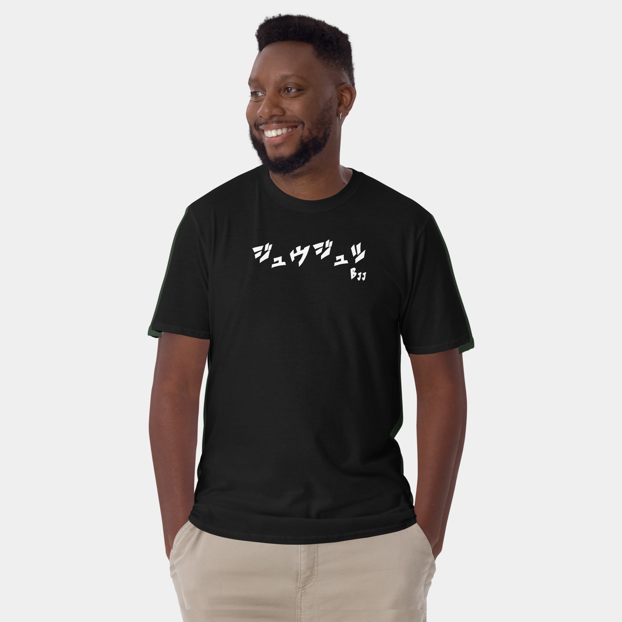 Male model wearing the Men’s BJJ KATAKANA Daily Tee in Black, front view