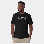 Male model wearing the Men’s BJJ KATAKANA Daily Tee in Black, front view showing the white chest print.