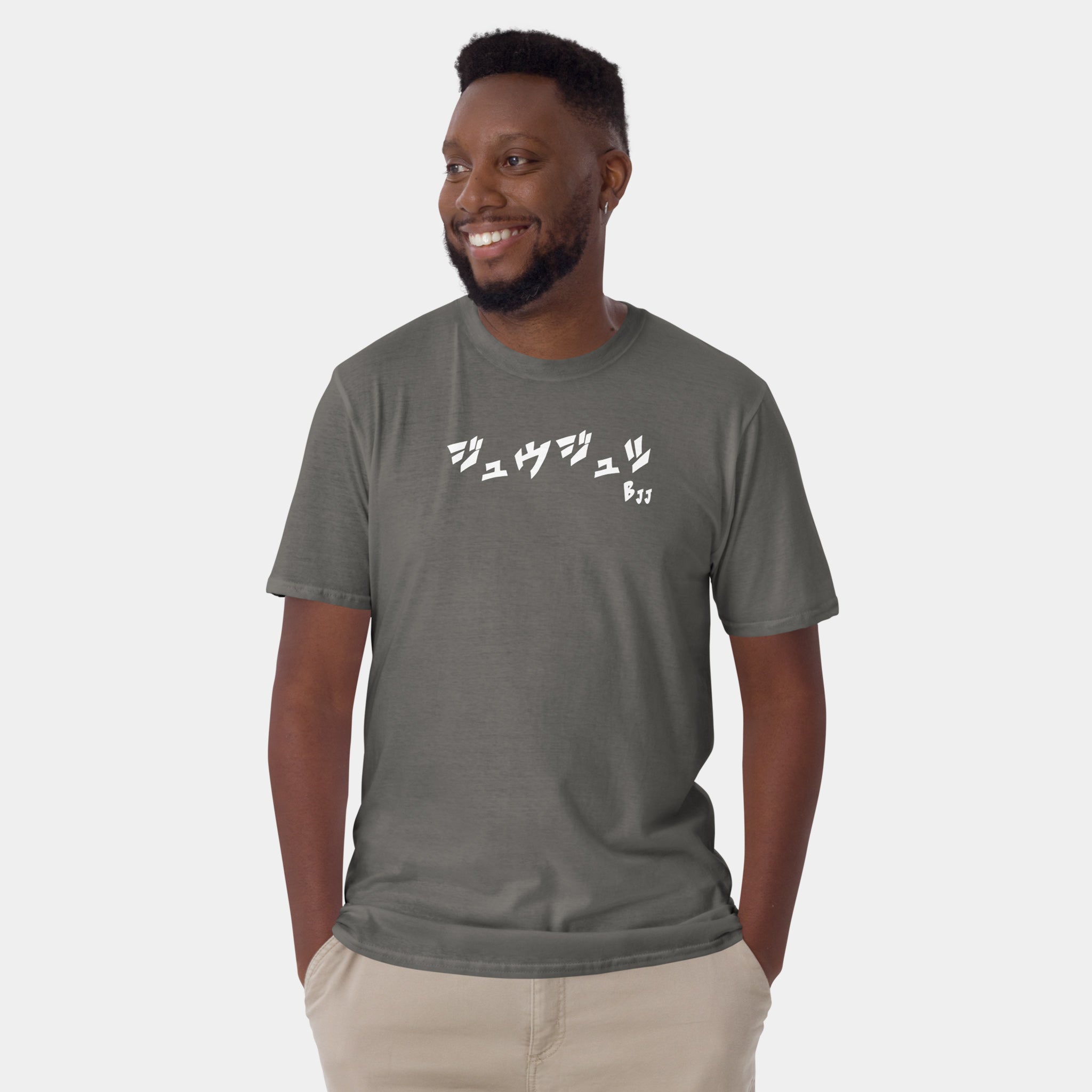Male model wearing the Men’s BJJ KATAKANA Daily Tee in Charcoal, front view