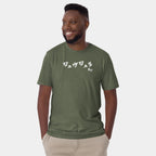 Male model wearing the Men’s BJJ KATAKANA Daily Tee in Military Green, front view showing the white chest print.