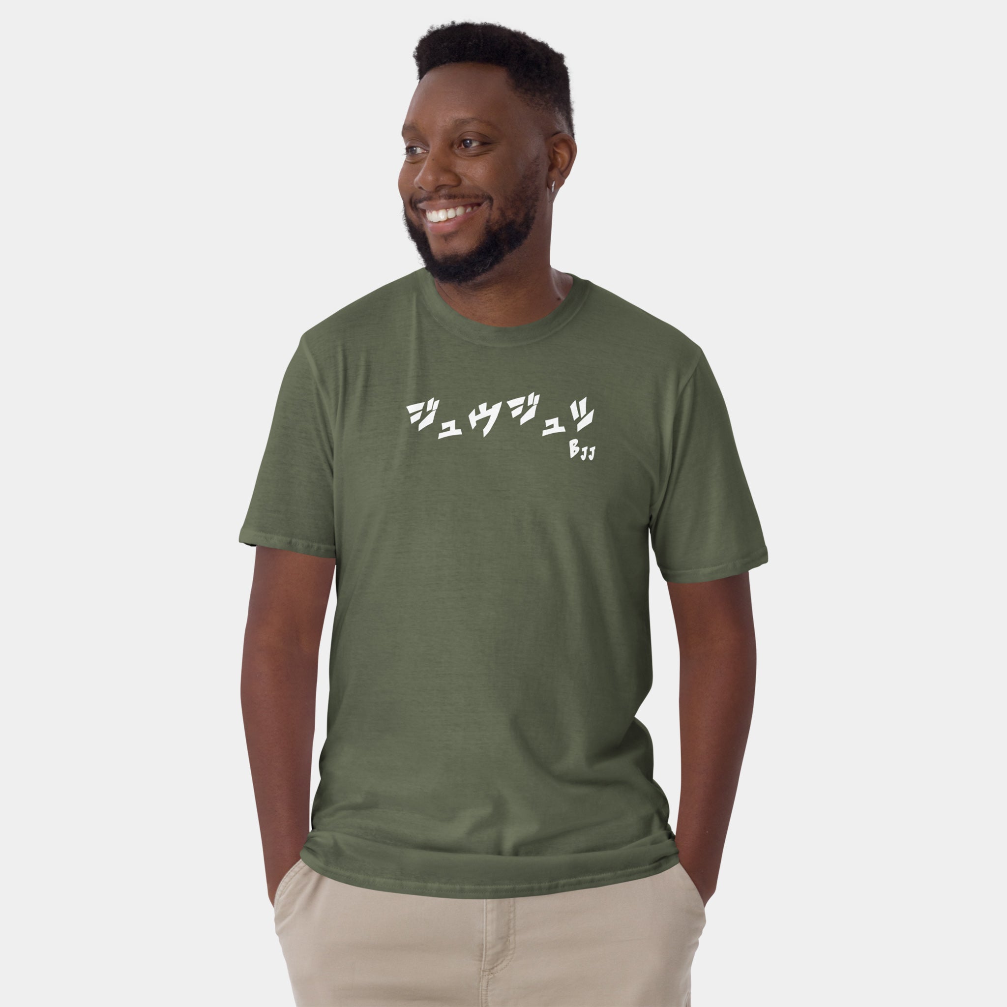 Male model wearing the Men’s BJJ KATAKANA Daily Tee in Military Green, front view