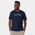 Male model wearing the Men’s BJJ KATAKANA Daily Tee in Navy, front view showing the white chest print.