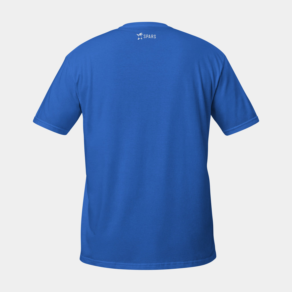 Men’s BJJ KATAKANA Daily Tee in Royal, back view with SPARS logo