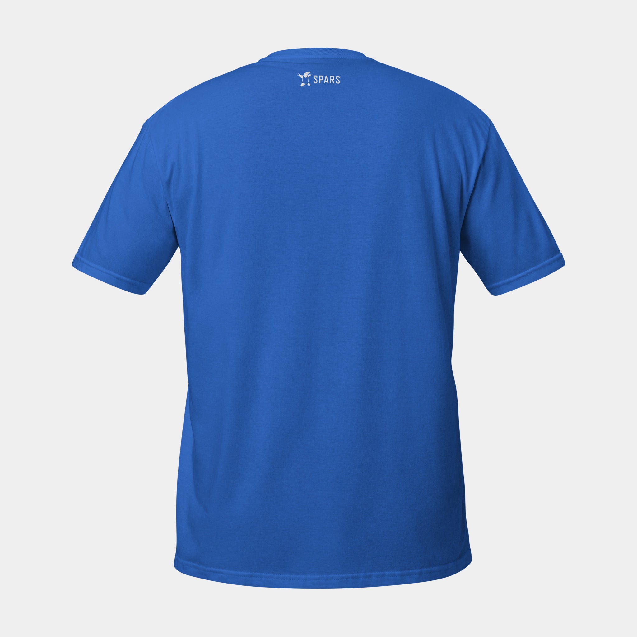Men’s BJJ KATAKANA Daily Tee in Royal, back view with SPARS logo