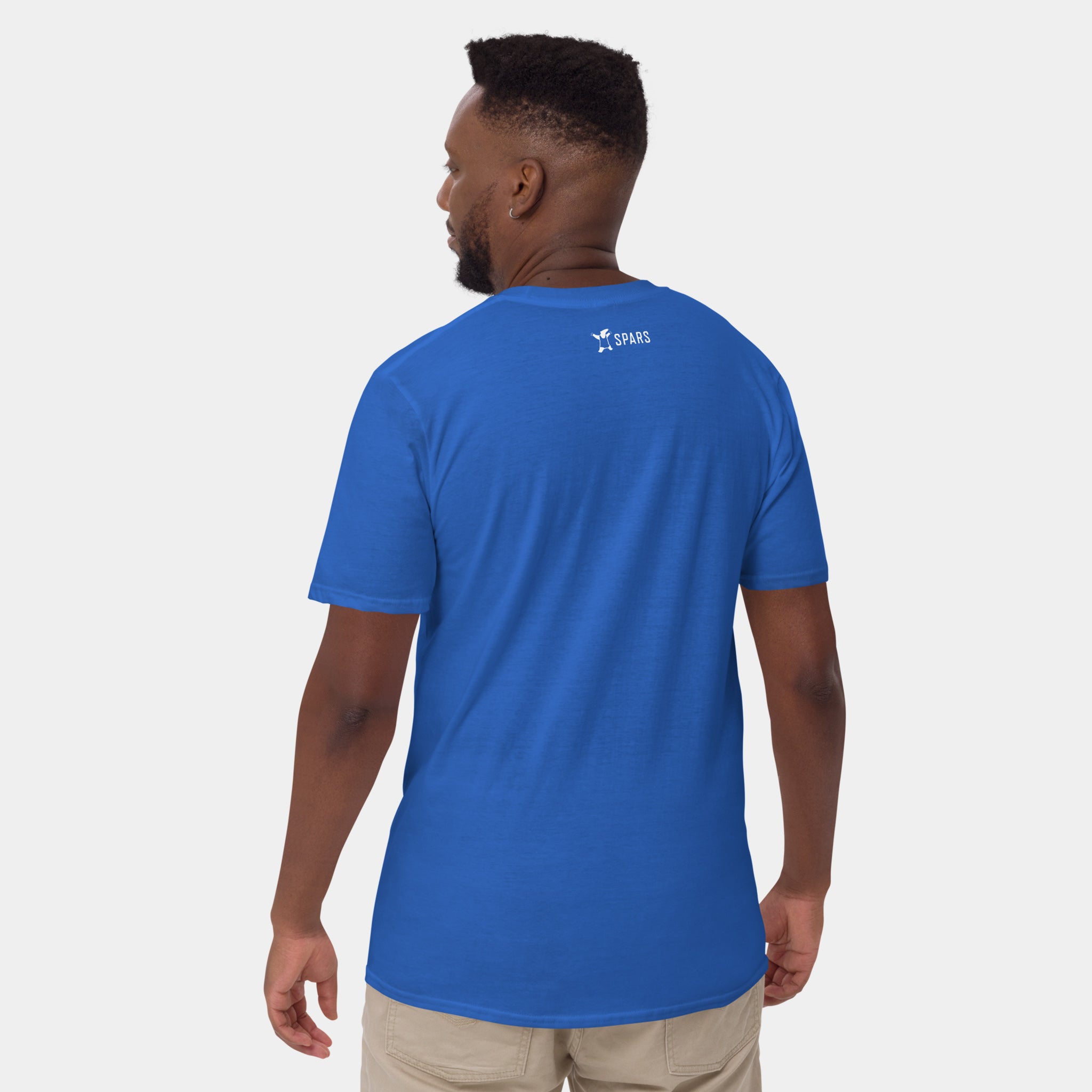 Male model wearing the Men’s BJJ KATAKANA Daily Tee in Royal, back view