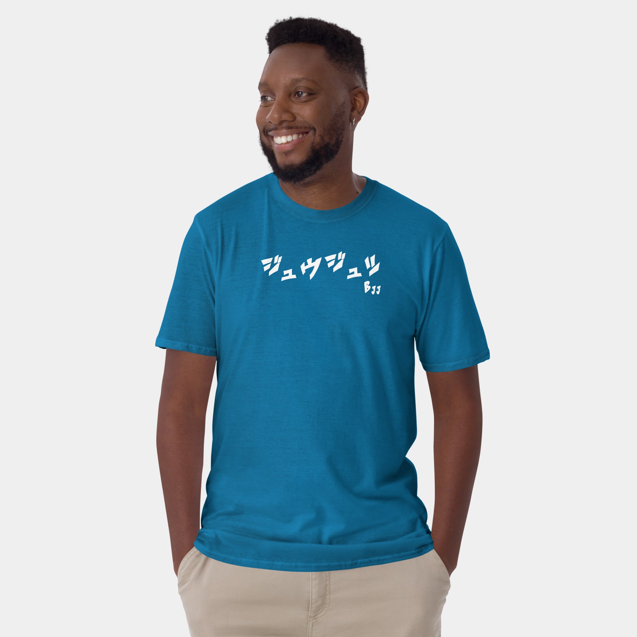 Male model wearing the Men’s BJJ KATAKANA Daily Tee in Sapphire, front view