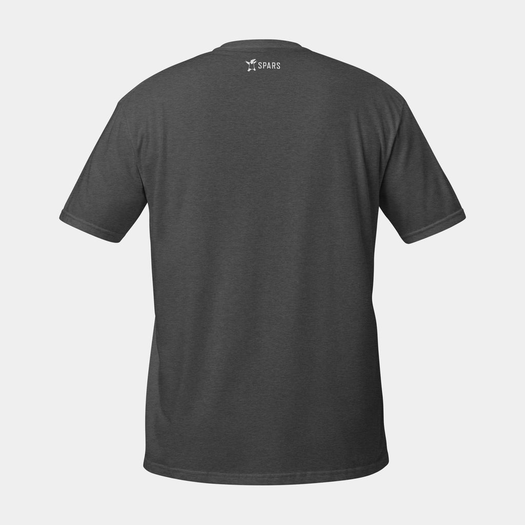 Men’s BJJ KATAKANA Daily Tee in Dark Heather Grey, back view with SPARS logo