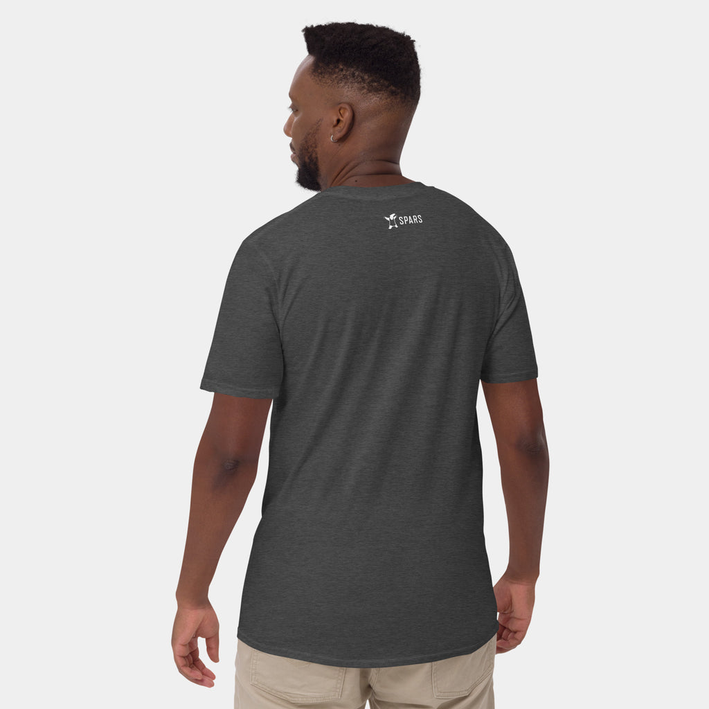 Male model wearing the Men’s BJJ KATAKANA Daily Tee in Dark Heather Grey , back view