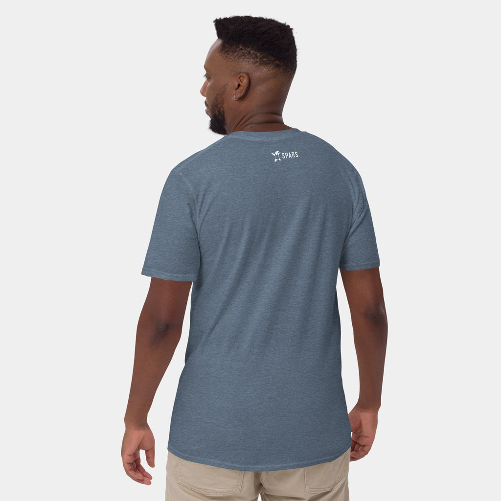Male model wearing the Men’s BJJ KATAKANA Daily Tee in Heather Indigo, back view