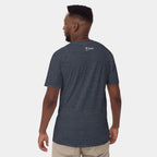 Male model wearing the Men’s BJJ KATAKANA Daily Tee in Heather Navy, back view