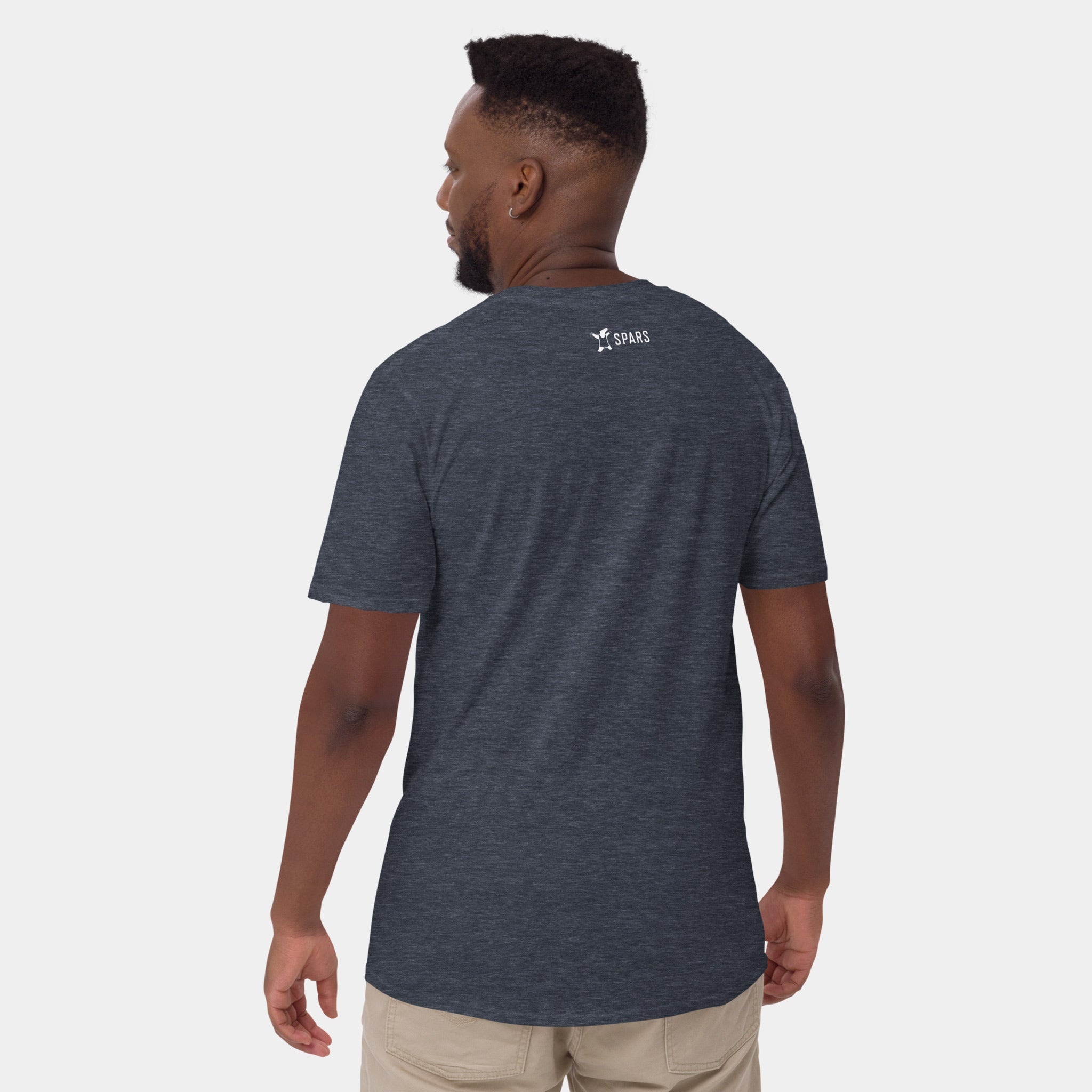 Male model wearing the Men’s BJJ KATAKANA Daily Tee in Heather Navy, back view