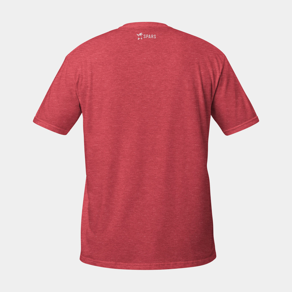 Men’s BJJ KATAKANA Daily Tee in Heather Red, back view with SPARS logo