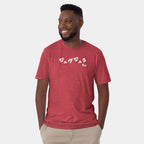 Male model wearing the Men’s BJJ KATAKANA Daily Tee in Heather Red, front view