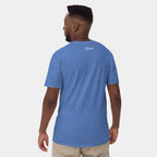 Male model wearing the Men’s BJJ KATAKANA Daily Tee in Heather Royal, back view
