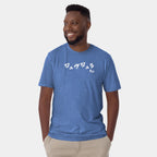 Male model wearing the Men’s BJJ KATAKANA Daily Tee in Heather Royal, front view