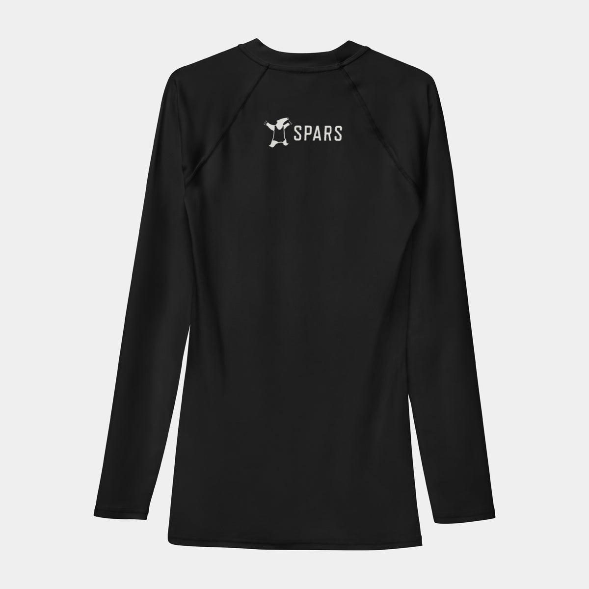 Men’s BJJ KATAKANA Long-Sleeve Rash Guard in Iron Black, back view with off-white SPARS upper-back logo