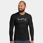 Man wearing the Men’s BJJ KATAKANA Long-Sleeve Rash Guard in Iron Black, front view showing the off-white katakana and BJJ chest print