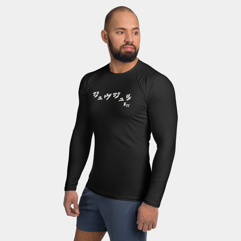 Man wearing the Men’s BJJ KATAKANA Long-Sleeve Rash Guard in Iron Black, left three-quarter view showing the off-white chest print