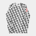 Front of the men's TOO MUCH KANJI long-sleeve BJJ rash guard in White and Black, with the red SPARS seal on the left sleeve