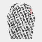 Front of the men's TOO MUCH KANJI long-sleeve BJJ rash guard in White and Black, with the red SPARS seal on the left sleeve